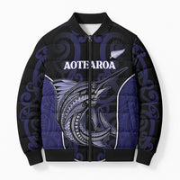 Personalised New Zealand Aotearoa Bomber Puffer Jacket Blue Marlin Fishing Maori Pattern