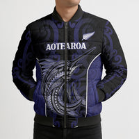 Personalised New Zealand Aotearoa Bomber Puffer Jacket Blue Marlin Fishing Maori Pattern