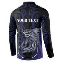 Personalised New Zealand Aotearoa Button Sweatshirt Blue Marlin Fishing Maori Pattern LT05 - Polynesian Pride
