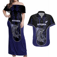 Personalised New Zealand Aotearoa Couples Matching Off Shoulder Maxi Dress and Hawaiian Shirt Blue Marlin Fishing Maori Pattern