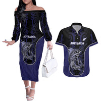 Personalised New Zealand Aotearoa Couples Matching Off The Shoulder Long Sleeve Dress and Hawaiian Shirt Blue Marlin Fishing Maori Pattern