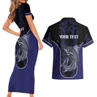 Personalised New Zealand Aotearoa Couples Matching Short Sleeve Bodycon Dress and Hawaiian Shirt Blue Marlin Fishing Maori Pattern