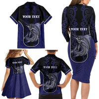 Personalised New Zealand Aotearoa Family Matching Long Sleeve Bodycon Dress and Hawaiian Shirt Blue Marlin Fishing Maori Pattern