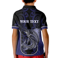 Personalised New Zealand Aotearoa Kid Polo Shirt Blue Marlin Fishing Maori Pattern LT05 - Polynesian Pride