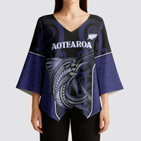 Personalised New Zealand Aotearoa Kimono Sleeve Blouse Blue Marlin Fishing Maori Pattern