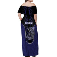 Personalised New Zealand Aotearoa Off Shoulder Maxi Dress Blue Marlin Fishing Maori Pattern