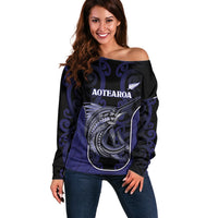 Personalised New Zealand Aotearoa Off Shoulder Sweater Blue Marlin Fishing Maori Pattern