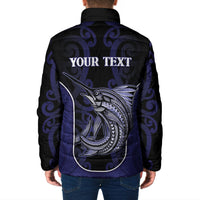 Personalised New Zealand Aotearoa Padded Jacket Blue Marlin Fishing Maori Pattern