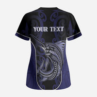 Personalised New Zealand Aotearoa Scrub Top Blue Marlin Fishing Maori Pattern LT05 - Polynesian Pride