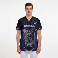 Personalised New Zealand Aotearoa Scrub Top Blue Marlin Fishing Maori Pattern LT05 - Polynesian Pride