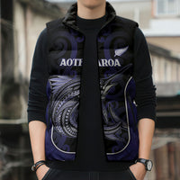 Personalised New Zealand Aotearoa Sleeveless Puffer Jacket Blue Marlin Fishing Maori Pattern
