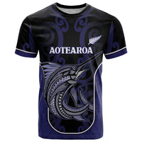 Personalised New Zealand Aotearoa T Shirt Blue Marlin Fishing Maori Pattern