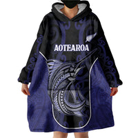 Personalised New Zealand Aotearoa Wearable Blanket Hoodie Blue Marlin Fishing Maori Pattern