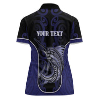 Personalised New Zealand Aotearoa Women Polo Shirt Blue Marlin Fishing Maori Pattern