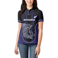 Personalised New Zealand Aotearoa Women Polo Shirt Blue Marlin Fishing Maori Pattern