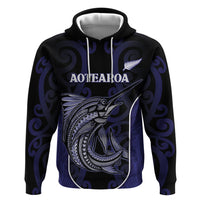 Personalised New Zealand Aotearoa Zip Hoodie Blue Marlin Fishing Maori Pattern LT05 Pullover Hoodie Black - Polynesian Pride