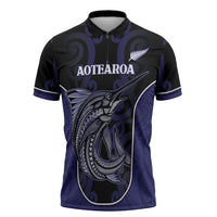 Personalised New Zealand Aotearoa Zipper Polo Shirt Blue Marlin Fishing Maori Pattern