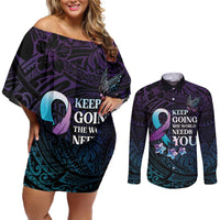 Polynesia Suicide Prevention Awareness Couples Matching Off Shoulder Short Dress and Long Sleeve Button Shirt Keep Going The World Needs You
