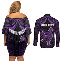 Personalised Hawaii Kauai Island Couples Matching Off Shoulder Short Dress and Long Sleeve Button Shirt Rooster Tribal Tattoo Simple Style