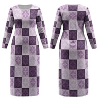 Lavender Manta Ray Hawaiian Quilt Motif Couples Matching Long Sleeve Bodycon Dress and Long Sleeve Button Shirt