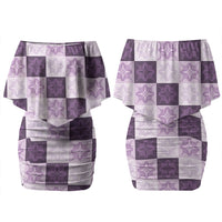 Lavender Manta Ray Hawaiian Quilt Motif Couples Matching Off Shoulder Short Dress and Long Sleeve Button Shirt