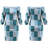Cyan Manta Ray Hawaiian Quilt Motif Couples Matching Off The Shoulder Long Sleeve Dress and Long Sleeve Button Shirt