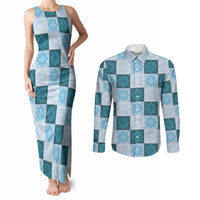 Cyan Manta Ray Hawaiian Quilt Motif Couples Matching Tank Maxi Dress and Long Sleeve Button Shirt