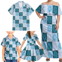 Cyan Manta Ray Hawaiian Quilt Motif Family Matching Off Shoulder Maxi Dress and Hawaiian Shirt LT05 - Polynesian Pride