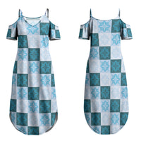 Cyan Manta Ray Hawaiian Quilt Motif Family Matching Summer Maxi Dress and Hawaiian Shirt LT05 Mom's Dress Blue - Polynesian Pride