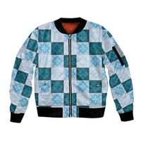 Cyan Manta Ray Hawaiian Quilt Motif Sleeve Zip Bomber Jacket