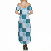 Cyan Manta Ray Hawaiian Quilt Motif Summer Maxi Dress