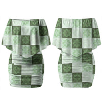 Sage Green Manta Ray Hawaiian Quilt Motif Couples Matching Off Shoulder Short Dress and Hawaiian Shirt