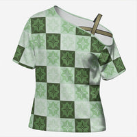 Sage Green Manta Ray Hawaiian Quilt Motif Cross Shoulder Shirt
