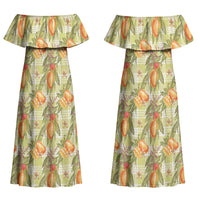 Vintage Hawaii Mango Couples Matching Off Shoulder Maxi Dress and Hawaiian Shirt Yellow Green Hawaiian Palaka
