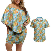 Vintage Hawaii Mango Couples Matching Off Shoulder Short Dress and Hawaiian Shirt Blue Hawaiian Palaka
