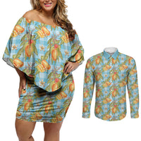 Vintage Hawaii Mango Couples Matching Off Shoulder Short Dress and Long Sleeve Button Shirt Blue Hawaiian Palaka