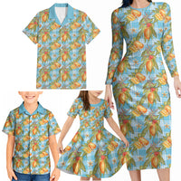 Vintage Hawaii Mango Family Matching Long Sleeve Bodycon Dress and Hawaiian Shirt Blue Hawaiian Palaka LT05 - Polynesian Pride