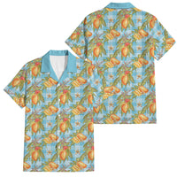 Vintage Hawaii Mango Family Matching Off The Shoulder Long Sleeve Dress and Hawaiian Shirt Blue Hawaiian Palaka