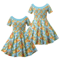 Vintage Hawaii Mango Family Matching Off Shoulder Maxi Dress and Hawaiian Shirt Blue Hawaiian Palaka