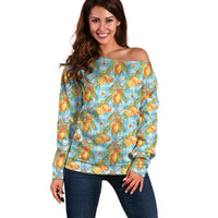 Vintage Hawaii Mango Off Shoulder Sweater Blue Hawaiian Palaka