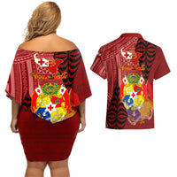 Personalized Tonga Couples Matching Off Shoulder Short Dress and Hawaiian Shirt Coat Of Arms Tongatapu With Ngatu Pattern LT05 - Polynesian Pride