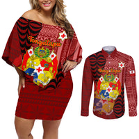 Personalized Tonga Couples Matching Off Shoulder Short Dress and Long Sleeve Button Shirts Coat Of Arms Tongatapu With Ngatu Pattern LT05 Red - Polynesian Pride
