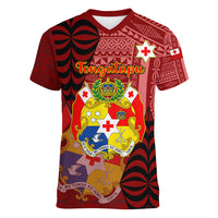 Personalized Tonga Women V Neck T Shirt Coat Of Arms Tongatapu With Ngatu Pattern LT05 Female Red - Polynesian Pride