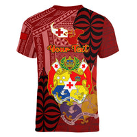 Personalized Tonga Women V Neck T Shirt Coat Of Arms Tongatapu With Ngatu Pattern LT05 - Polynesian Pride