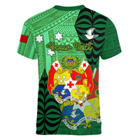 Personalized Tonga Women V Neck T Shirt Coat Of Arms Haapai With Ngatu Pattern LT05 - Polynesian Pride