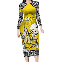 Personalised Happy Niue Constitution Day Family Matching Long Sleeve Bodycon Dress and Hawaiian Shirt Niuean Crab Hiapo Pattern Yellow Version