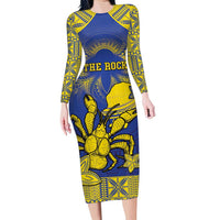 Personalised Niue The Rock Family Matching Long Sleeve Bodycon Dress and Hawaiian Shirt Niuean Crab Hiapo Pattern Blue Version