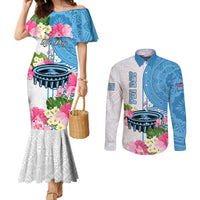 Fiji Day Couples Matching Mermaid Dress and Long Sleeve Button Shirts Tanoa Hibiscus Fijian Tapa Masi Pattern LT05 White - Polynesian Pride