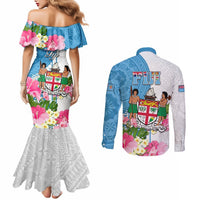 Fiji Day Couples Matching Mermaid Dress and Long Sleeve Button Shirts Tanoa Hibiscus Fijian Tapa Masi Pattern LT05 - Polynesian Pride