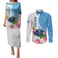 Fiji Day Couples Matching Puletasi Dress and Long Sleeve Button Shirts Tanoa Hibiscus Fijian Tapa Masi Pattern LT05 White - Polynesian Pride